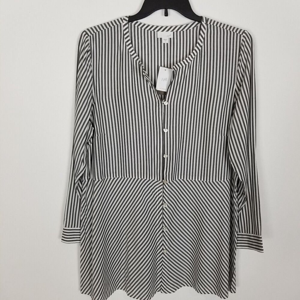 JiJill Women Striped Button Down Blouse Shirt Size L Gray Cream Long Sleeve